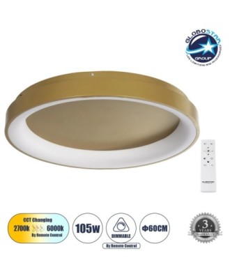 GLOBOSTAR® SALEM 61239 Μοντέρνο Φωτιστικό Οροφής LED 105W 12075lm 120° AC 220-240V IP20 Ρυθμιζόμενο Λευκό CCT με Χειριστήριο από 2700K έως 6000K Dimmable - Lumileds SMD Chip - Χρυσό - Μ60 x Π60 x Υ9.5cm - 3 Χρόνια Εγγύηση